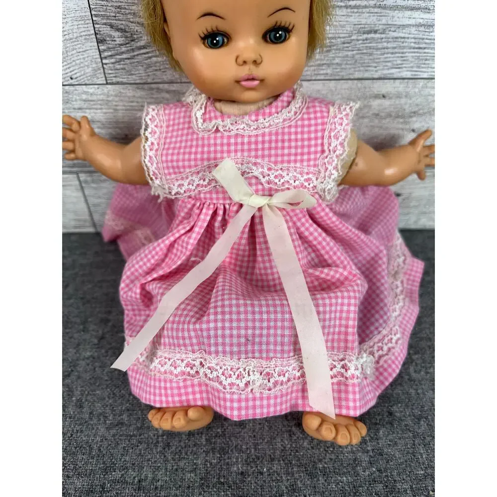 HORSMAN 1968 Vintage Baby DOLL Blonde Blue Eyes PINK Gingham Dress 10.5 Inch
